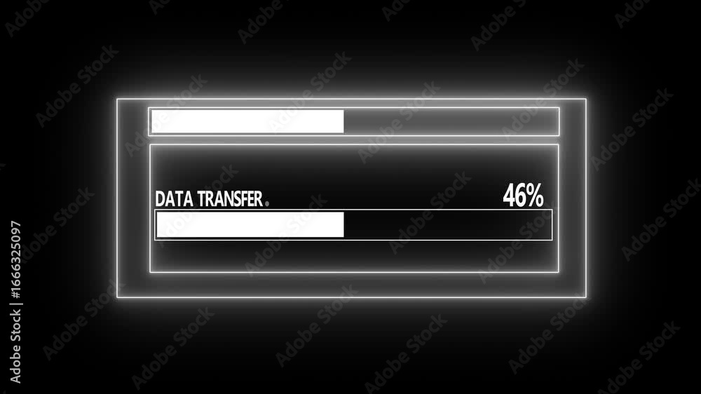 Poster glowing neon data transfer interface animation with progress bar and futuristic ui elements