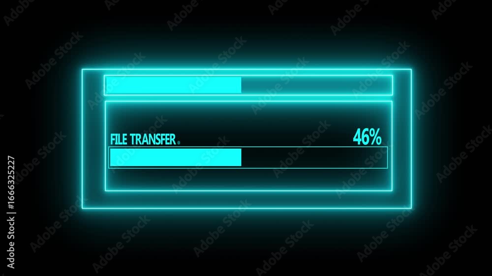Poster glowing neon file transfer interface animation with progress bar and futuristic ui elements