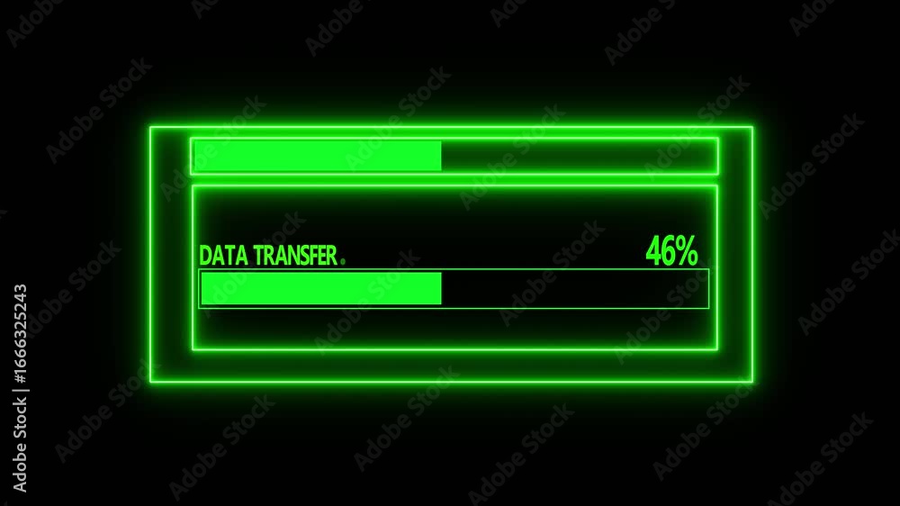 Poster glowing neon data transfer interface animation with progress bar and futuristic ui elements