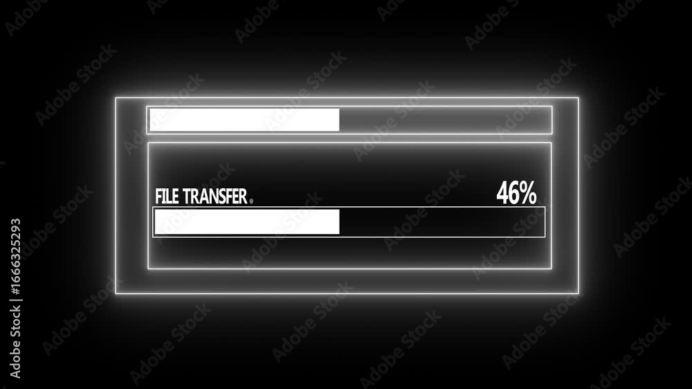 Poster glowing neon file transfer interface animation with progress bar and futuristic ui elements