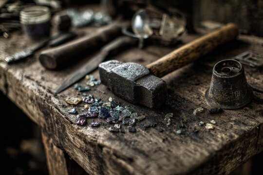 Blacksmith's Table with Hammer and Metal Shards in Workshop Setting