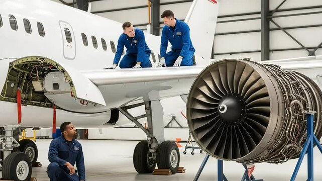 Aircraft mechanics in blue uniforms inspect the engine and wing of a commercial airplane in a hangar