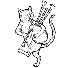 Hand drawn engraving style cat playing bagpipes. Vintage medieval animal illustration in gothic heraldic style, perfect for tattoo design, fantasy artwork, folklore projects, TTRPG graphics, or decora