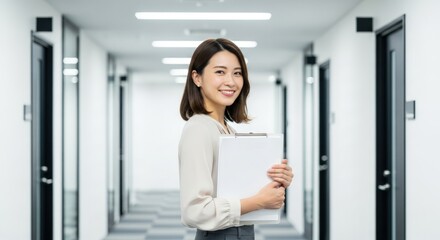 Confident Asian businesswoman holding clipboard in modern office building hallway