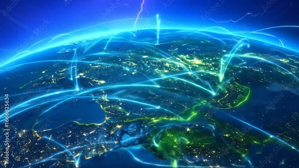 Poster global network connections and digital data flow visualization across the planet at night with