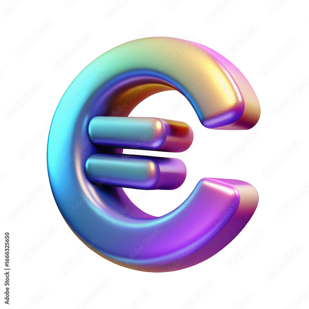 Poster a 3d rendering of the euro currency symbol with an iridescent, rainbow-like sheen. the symbol is smo