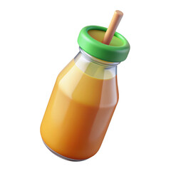 3d rendered glass juice bottle with green cap and straw filled with orange liquid transparent background