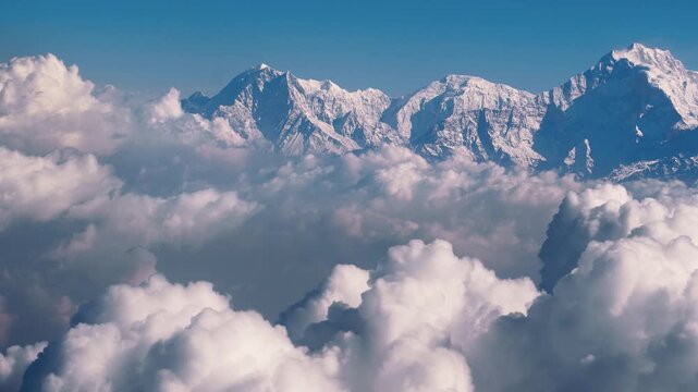 Aerial view of snow capped mountains piercing through a sea of fluffy clouds, a stunning display of nature's grandeur, Musikot, Lumbini Province, Nepal.