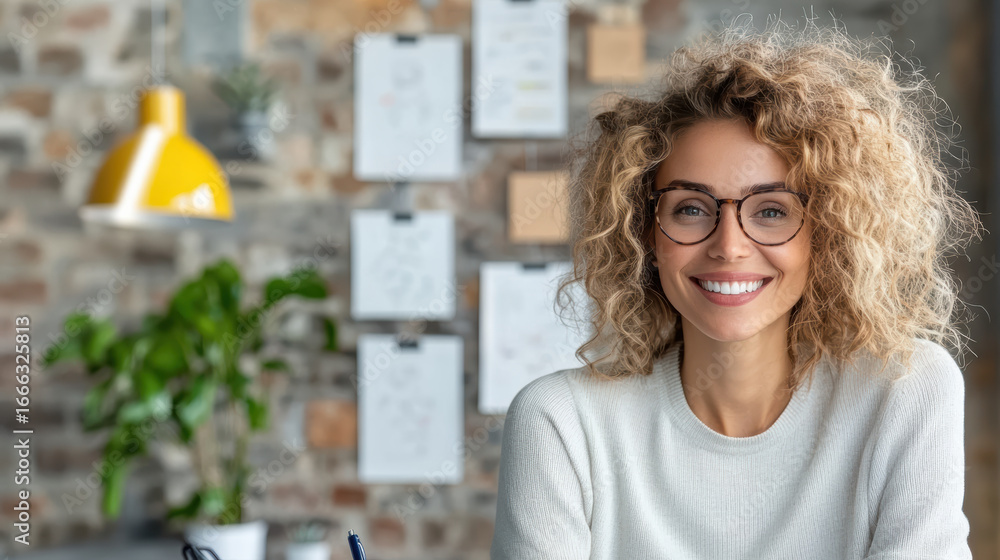 Poster creative professional smiling in modern workspace with project boards in background