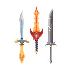 Collection of three fantasy swords and daggers, featuring a fiery blade, an enchanted longsword with a sigil, and an ornate short sword, in a clean vector illustration