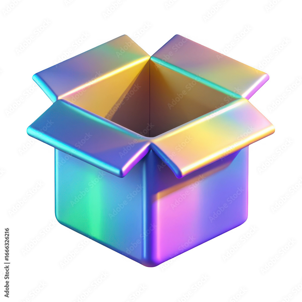 Poster iridescent 3d open box isolated on transparent background
