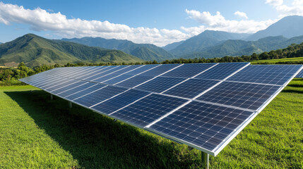 Solar panels in green field with mountains in background showcase renewable energy