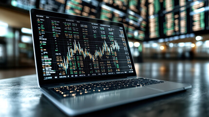 Laptop displaying financial dashboard with stock market data and graphs, showcasing market