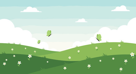 Fototapeta premium A beautiful spring meadow filled with green butterflies flying among white flowers under a clear blue sky with fluffy clouds