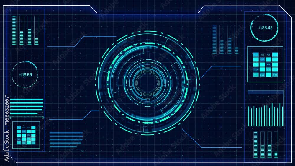 Poster high-tech rotating hud animation futuristic charts, graphs, digital meters. advanced circular elemen