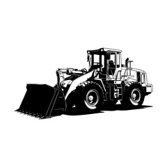 Black and white line art illustration of wheel loader