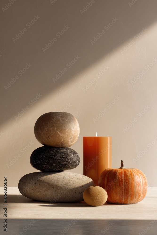 Poster Abstract Composition with Autumn Objects and Pumpkin