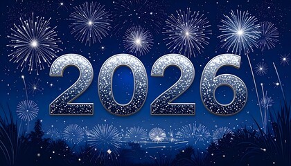 Número 2026 brillante con fuegos artificiales sobre lago nocturno