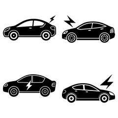 Illustration of four electric cars with lightning bolt symbols indicating power source and charging