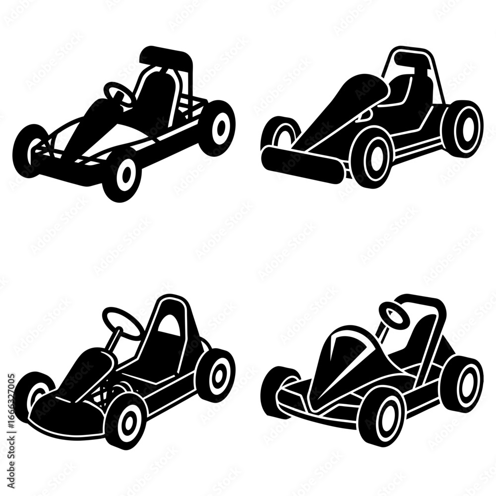 Poster four black go karts with different designs are arranged on a white background in a square format