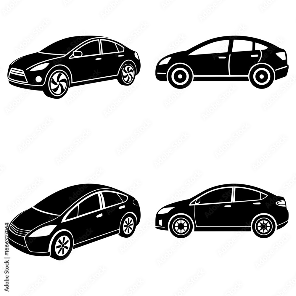 Poster four black silhouette cars in different angles and styles displayed on a white background in a squar