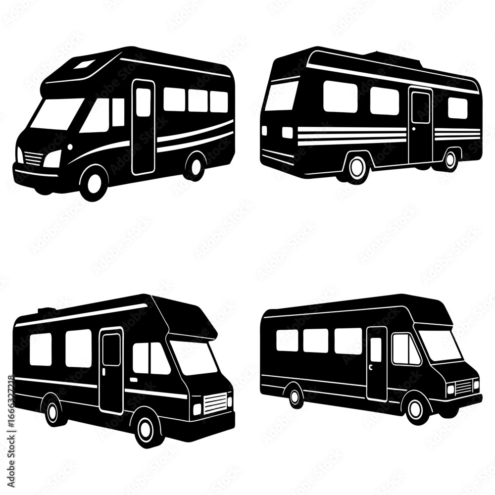 Poster Four black and white rv camper vans in varying styles and sizes on a white background vector image