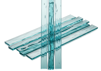 Polished, translucent aquamarine glass strips with beveled edges and ripple texture, elegantly overlapped vertically on a transparent background, concept of fluid connection