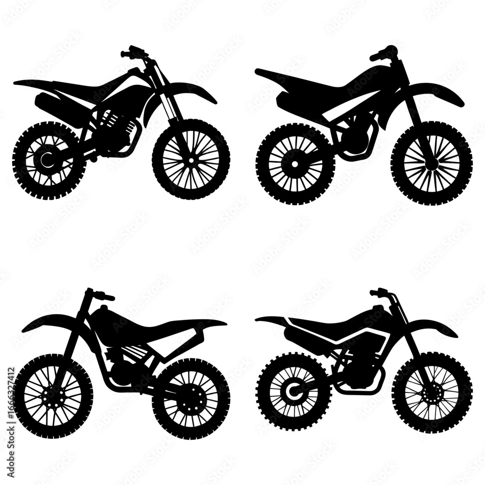 Poster four motocross bikes silhouettes arranged in a grid pattern on a white background display vehicle ar