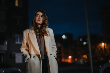Stylish young woman dressed in a white coat posed outdoors against the night city background, with softly illuminated urban scenery and modern attire representing confidence.