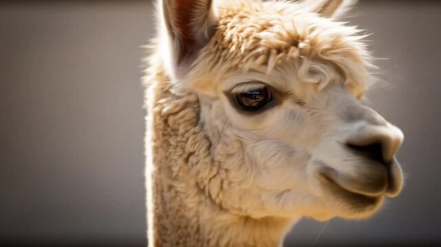 Close Up Portrait of a White Alpaca with Soft Wool and Fur Under Natural Light In Farm Environment Animal Portrait with Curious Expression