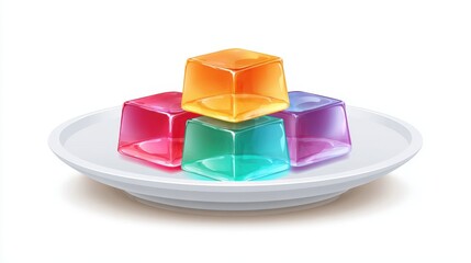 Obraz premium Colorful translucent jelly cubes arranged on white plate, showcasing vibrant orange, yellow, green, and purple hues. glossy texture and playful arrangement create cheerful and appetizing visual