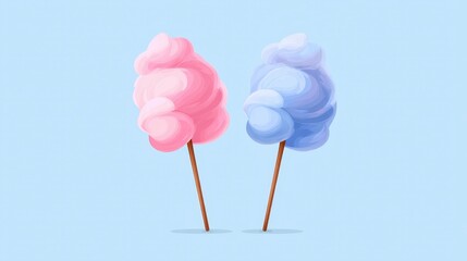 Pink and blue cotton candy on wooden sticks against light blue background, evoking playful and sweet atmosphere
