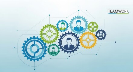 Dynamic teamwork concept with gears and people, representing collaboration and success