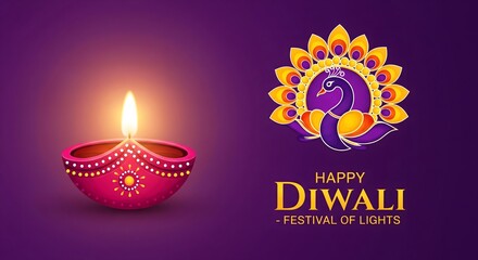 Happy Diwali festival greeting card with glowing decorative diya and colorful peacock design on purple background, symbolizing prosperity, joy, and the Indian festival of lights.