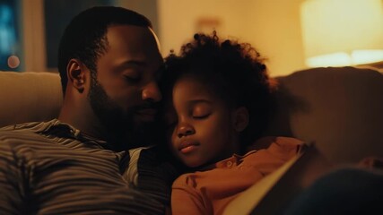 Father and daughter reading together while cozy on the sofa at night  