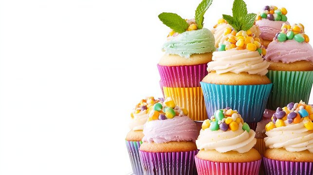 A stack of colorful cupcakes with frosting and candies on a white background