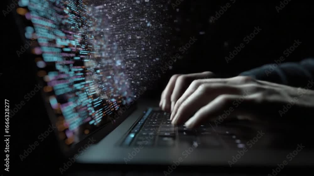 Aufkleber digital realm: hands typing on laptop: a close-up, atmospheric view of hands navigating a laptop key