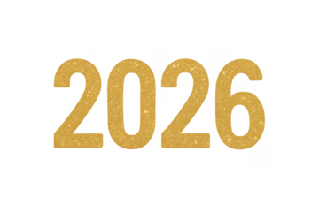 Golden glitter texture forming the number 2026 on transparent background