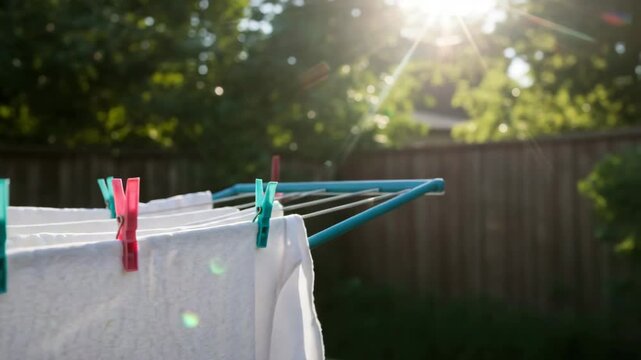 Clean laundry hanging on clothesline in backyard during sunset  