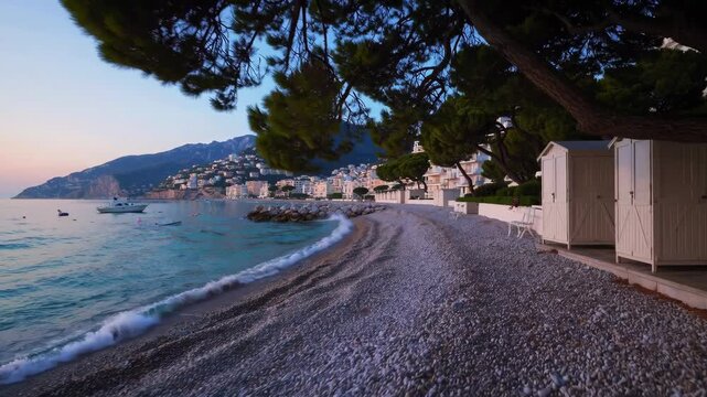 AI-generated drone view of a peaceful coastal scene at sunset with waves, rocky beach and boats