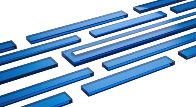 Sleek electric blue, highly polished acrylic strips, precision-cut with mirror-like surfaces, mimicking digital data on a transparent studio background. Concept of modern technology