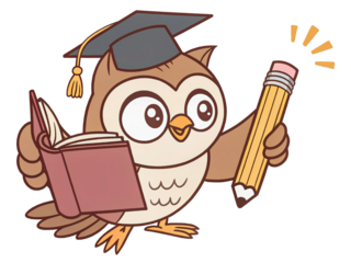 Owl scholar with graduation cap and book, cute school character, isolated on transparent.