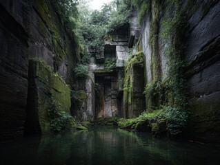 Ancient Abandoned Quarry with Gigantic Stone Blocks Covered in Moss and Ivy, Serene and Mysterious Scene