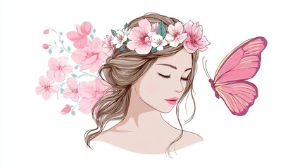 Delicate illustration of serene woman with closed eyes, adorned with floral crown of pink and white blossoms. Her soft brown hair is styled loosely, and vibrant pink butterfly flutters near her