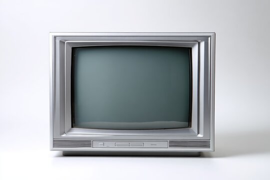 Old LCD TV. Silvery Electronic Television with Blank White Screen Design