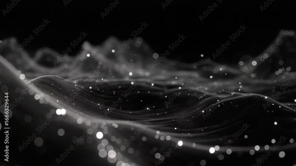 Poster mystical monochrome: an ethereal view of undulating shapes and sparkling specks floats weightlessly,