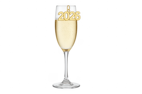 Champagne flute celebrating the new year 2026 with transparent background