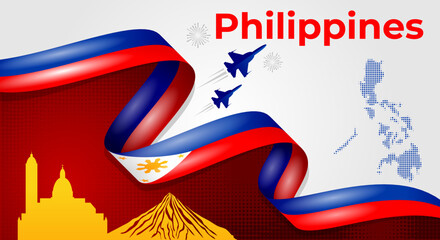 Philippines Independence Day Banner with Flag Ribbon and Landmarks