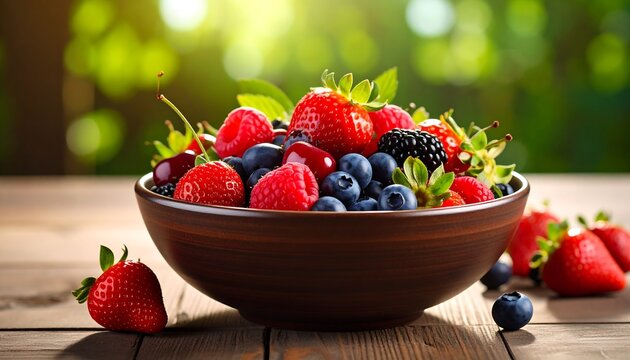 Colorful Bowl of Mixed Berries and Strawberries on Wooden Table. - Powered by Adobe