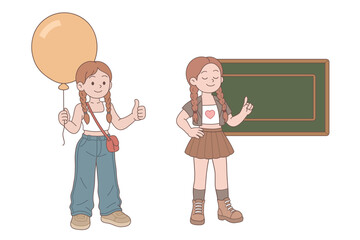 Two braided girls, one holding a balloon, another teaching in front of a chalkboard.